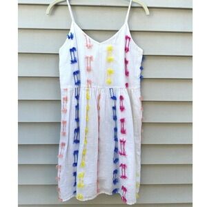 Lou & Grey LOFT White Sleeveless Mini Dress Colorful Pom Pom Accents XS